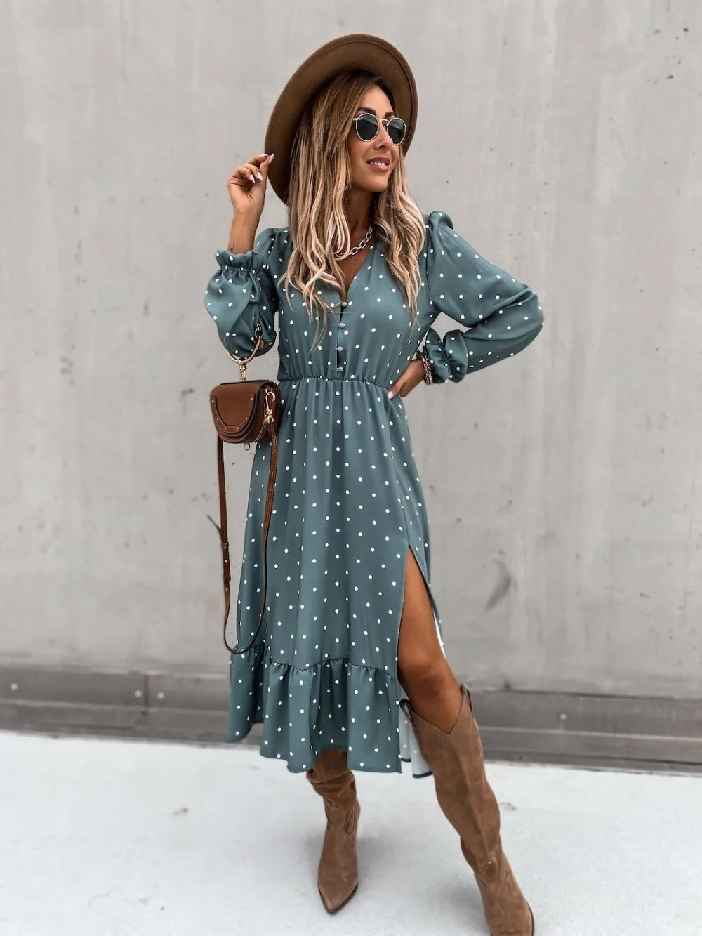 

Women V Neck Polka Dot Ruffles Long Puff Sleeve Dress Autumn Casual Split Long Dresses Female Boho Elegant Maxi Party Vestidos