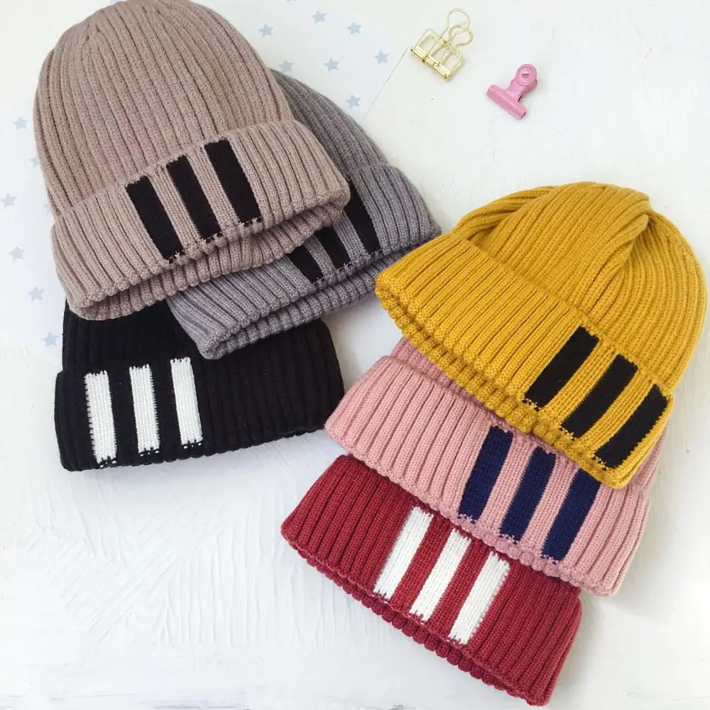 Детская шапка Skullie Beanies для мальчиков и девочек, зимняя однотонная шапка в полоску с ушками, теплые эластичные модные аксессуары