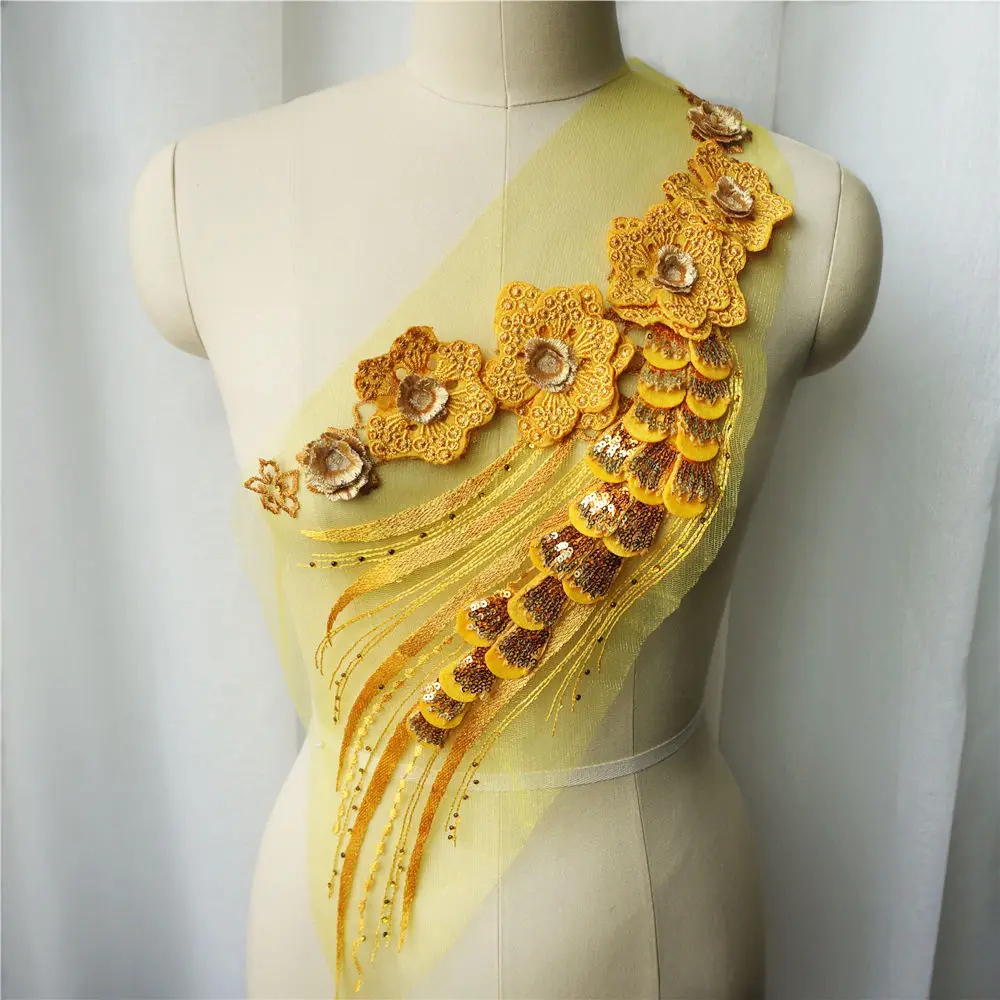 Желтая Цветочная кружевная ткань с пайетками и кисточками вышитая одежда