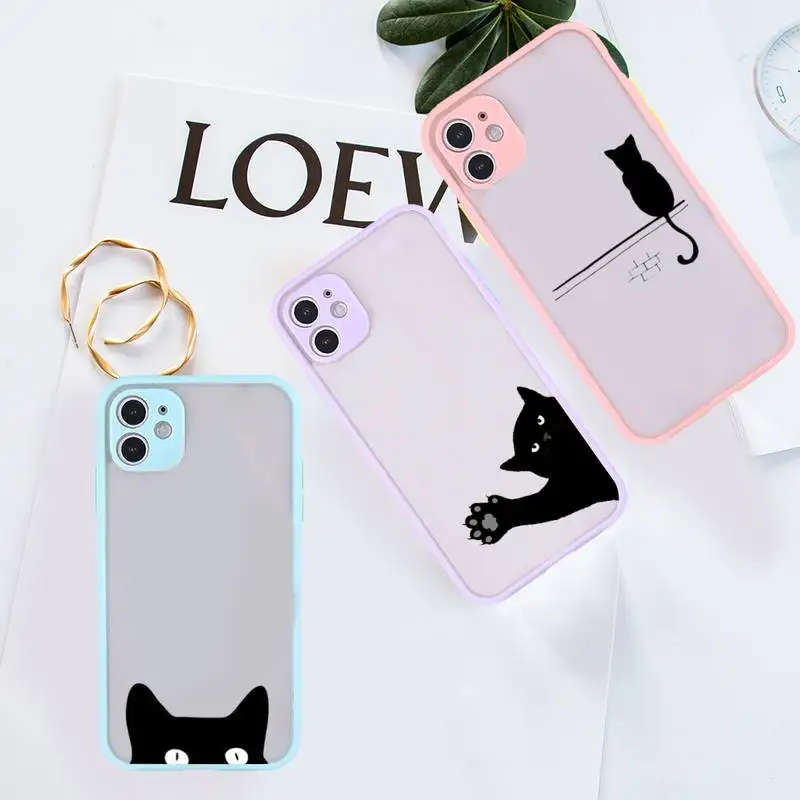 

Cute animal black cat Phone Case Pink matte transparent For iPhone 7 8 x xs xr 11 12 13 pro plus max mini Clear Funda