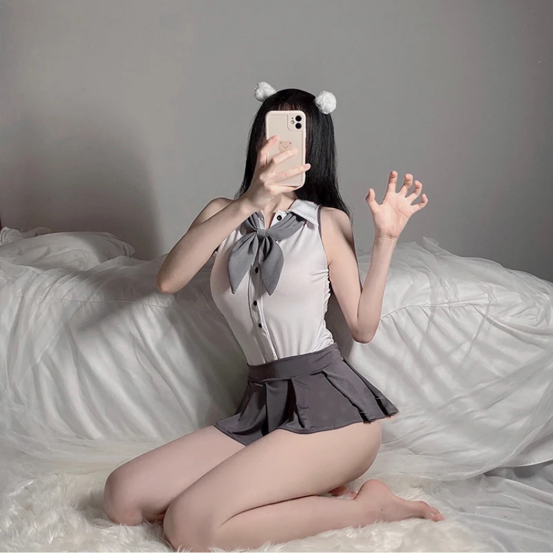 Женское Ажурное боди с бантом и открытой спиной плиссированная Милая Мини-юбка