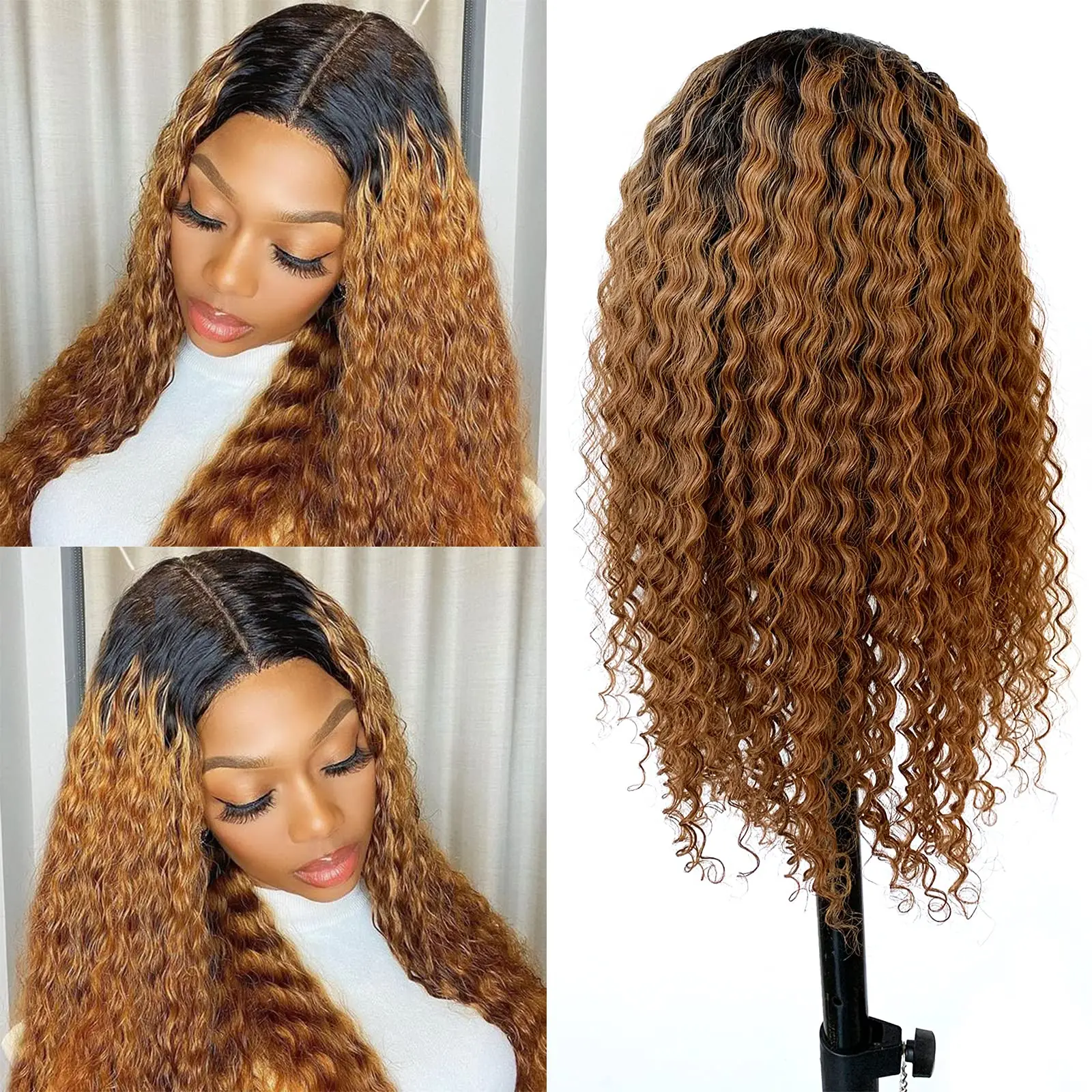Honey Brown Human Hair Wigs Ombre Deep Wave 13x5x1 Lace Front Wig Pre Plucked Brazilian Virgin Hair Long Curly Lace Wigs