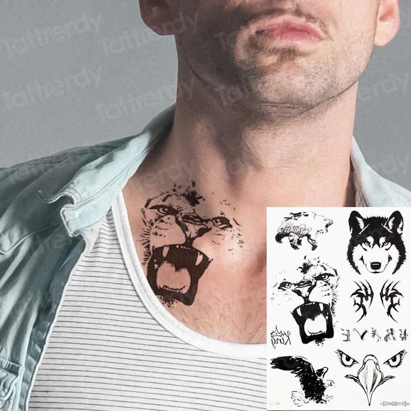 

neck tattoos men temporary tattoo sticker boy chest male tattoos black henna fake tattoo pattern wolf animals small decal face