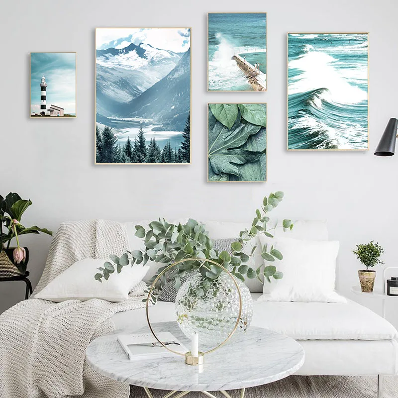 

Mountain Ocean Leaf Canvas Poster Nordic Wall Art Print Scandinavian Nature Scenery Contemporary Decoration Picture