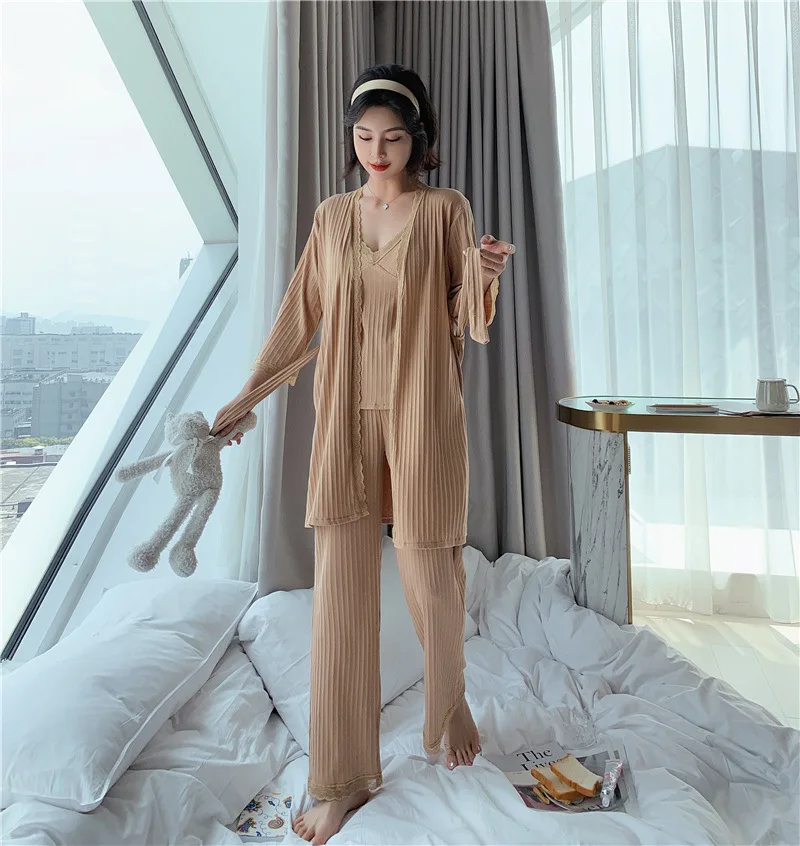 Пижама женская с кружевной отделкой Daeyard комплект из 3 предметов Хлопковая пижама