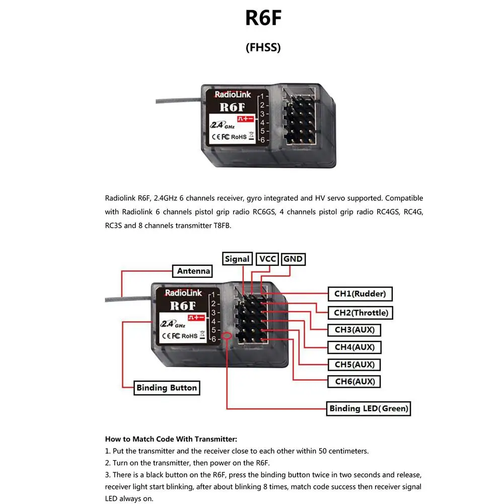 Радиоприемник R6F 2 4 ГГц 6CH для радиоуправляемого передатчика RC6GS RC4GS RC3S RC4G T8FB |