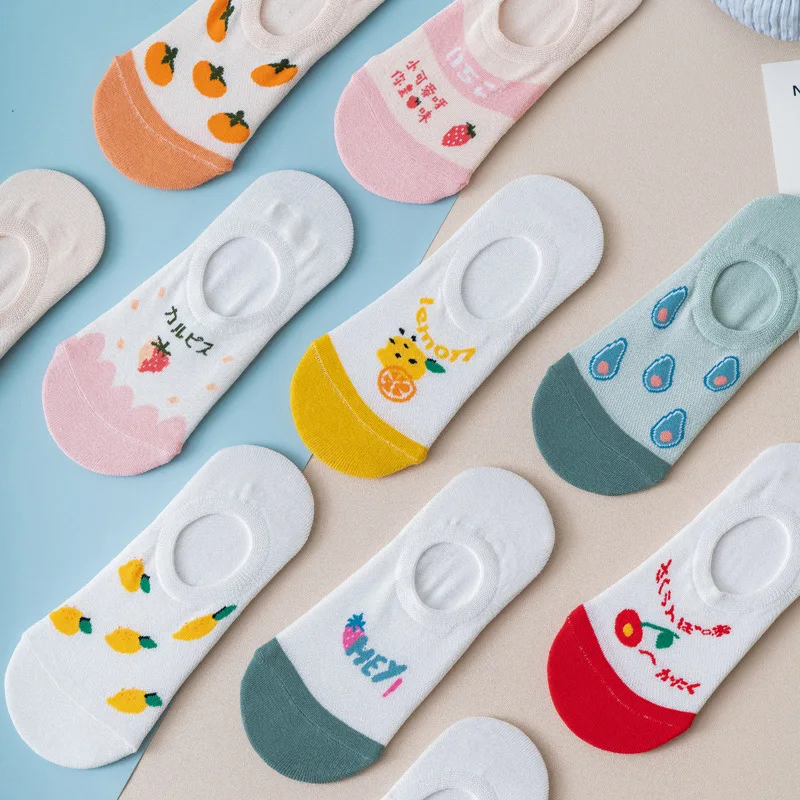 Woman cartoon fruit invisible socks funny strawberry lemon cherry avocado summer socks breathable kawaii cute socks slippers