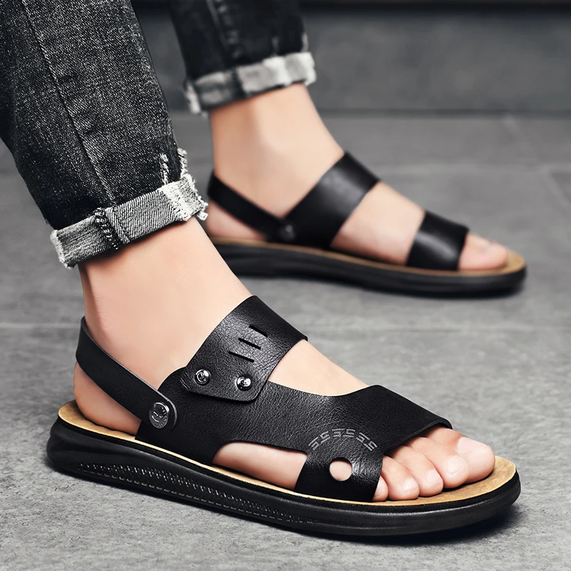 

Men's leather slippers 2021 new summer high-quality thick-soled comfortable beach shoes dual-use buckle sandals and slippers