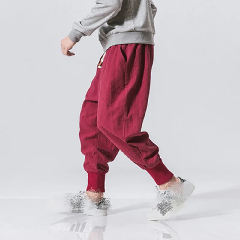 

Cotton Pants Men Solid Elastic Waist Streetwear Joggers 2021 New Baggy Drop-crotch Pants Casual Trousers Men