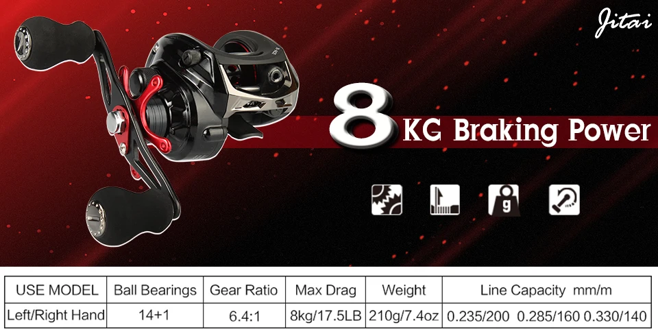 JITAI Baitcasting Fishing Катушка Оборудовано с PE 4 Пряди линия 8 кг Сила торможения 14+ 1BBs Качество Ultra Light Wheels Карп приманки рыбалка