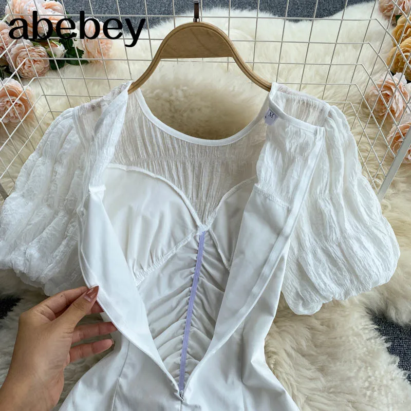 

Women Elegant French Dress Sweet Puff Sleeve O Neck A-line Office Dress Summer Fashion Casual Splice Streetwear Dress