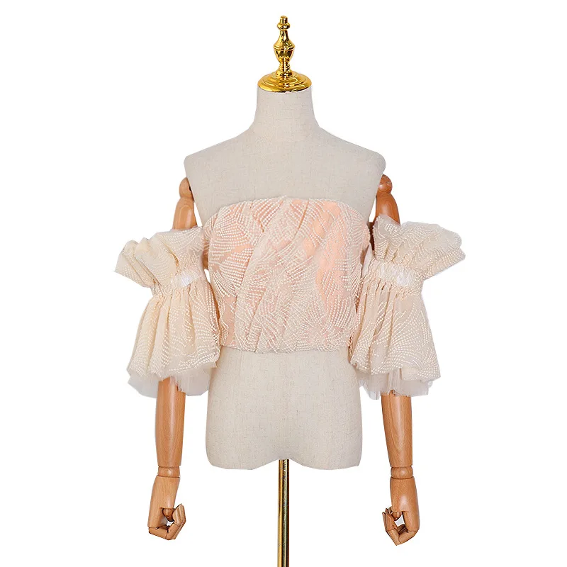 

Hot selling new sexy shoulder embroidery layer mesh lace sleeve strapless jacket women