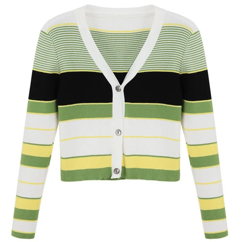 

Women Button Striped Print Knit Short Cardigan Long Sleeve Casual Warm Loose Sweater