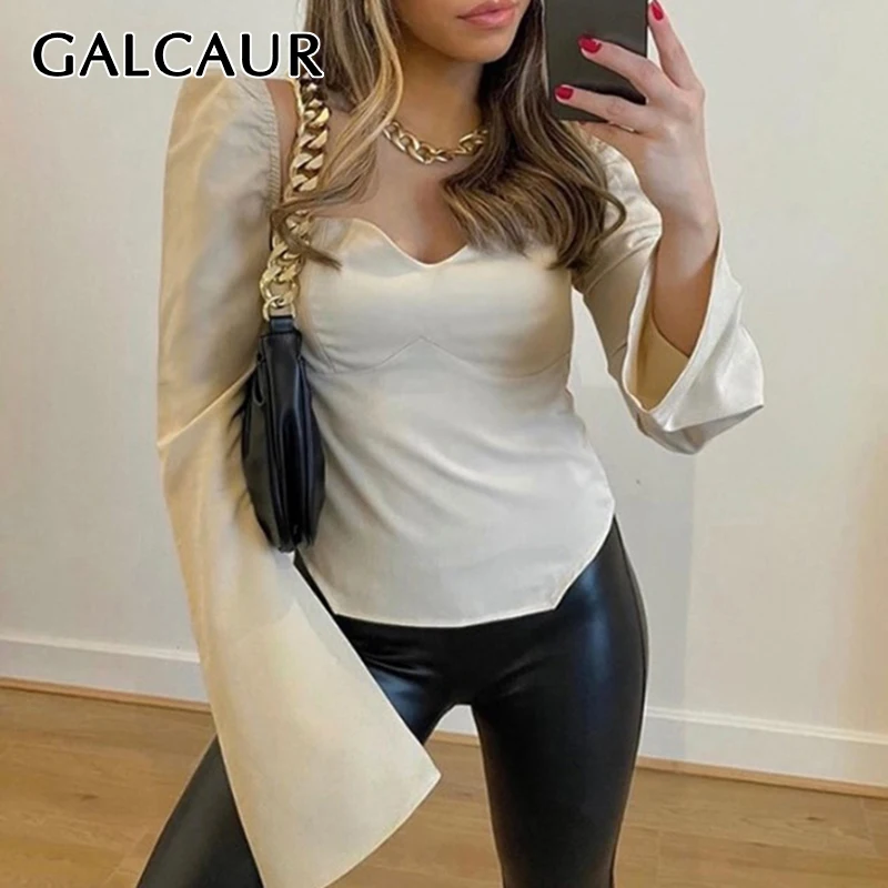 

GALCAUR Slim Black Shirt For Women Square Collar Puff Sleeve Solid Minimalist Blouses Female Korean Fashion Clothing 2021 Autumn