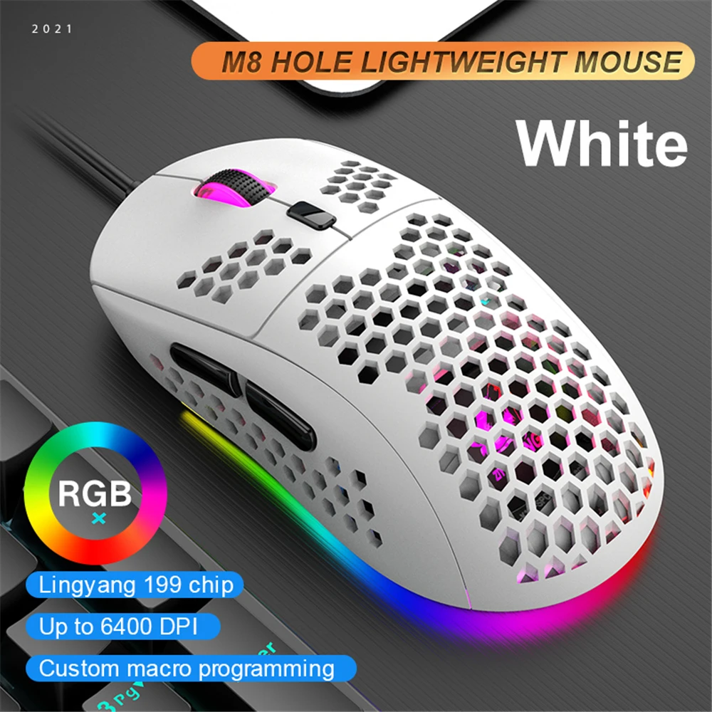 Mouse com Casca de Favo de Mel Wired Gaming Leve 7 Buttons12000 Dpi 6 Engrenagem Ajustável Computador Óptico Ratos 1pc m8 Rgb Usb