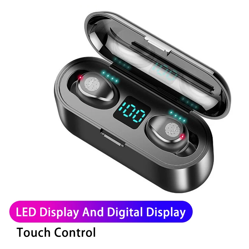 Touch Black F9 TWS Bluetooth earphone LED Display Wireless headphones Touch Control Bluetooth wireless earphones With 2000mAh Power Bank - Color: Touch Black