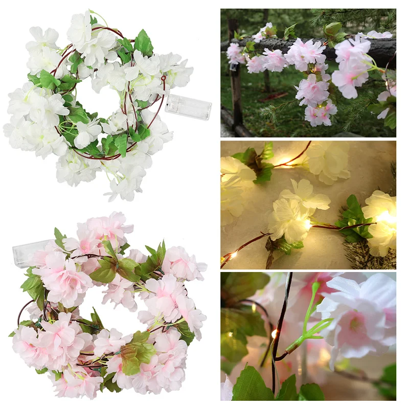 

2M Pink Cherry Light String Blossom Flowers Wedding Garland Ivy Decoration Fake Silk Flowers Vine Party Arch Home Decor String