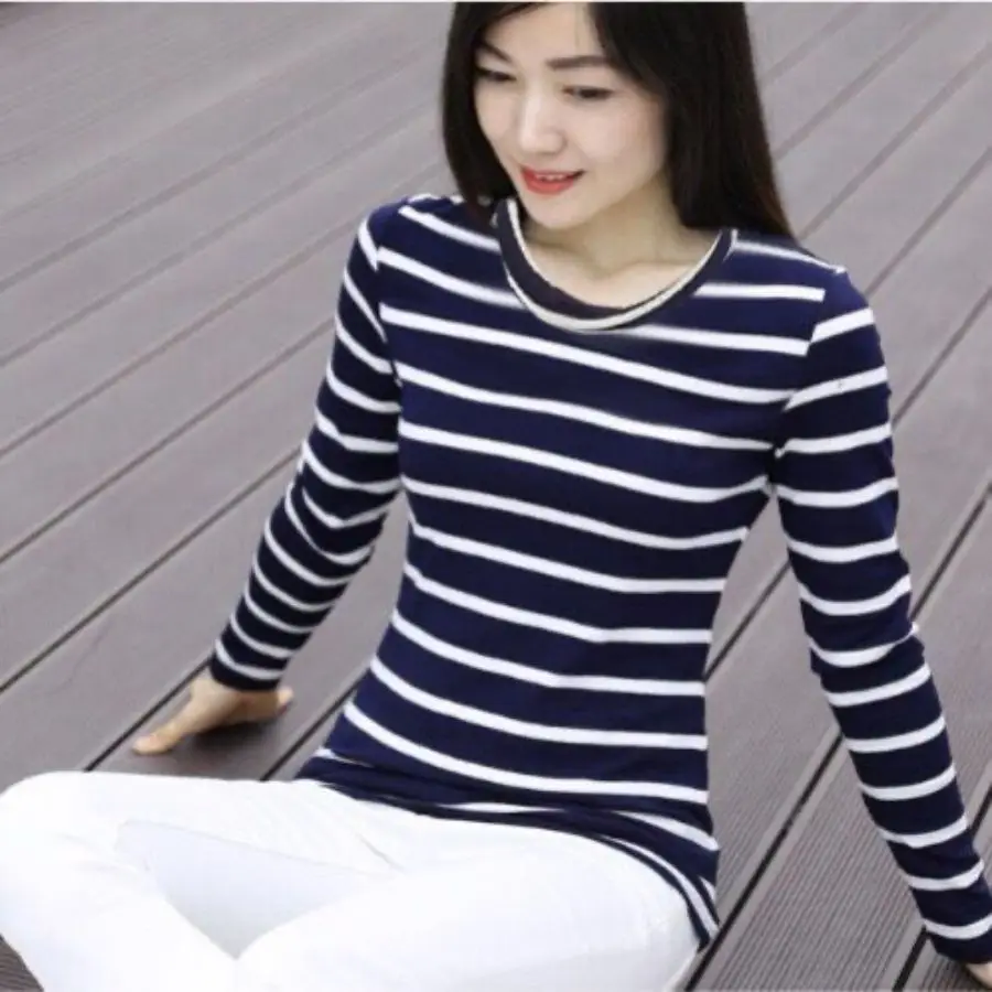 

2021 O Neck T Shirt Woman Autumn Long Sleeve Shirt Woman T-shirt Loose Korean Style Striped Women Shirts