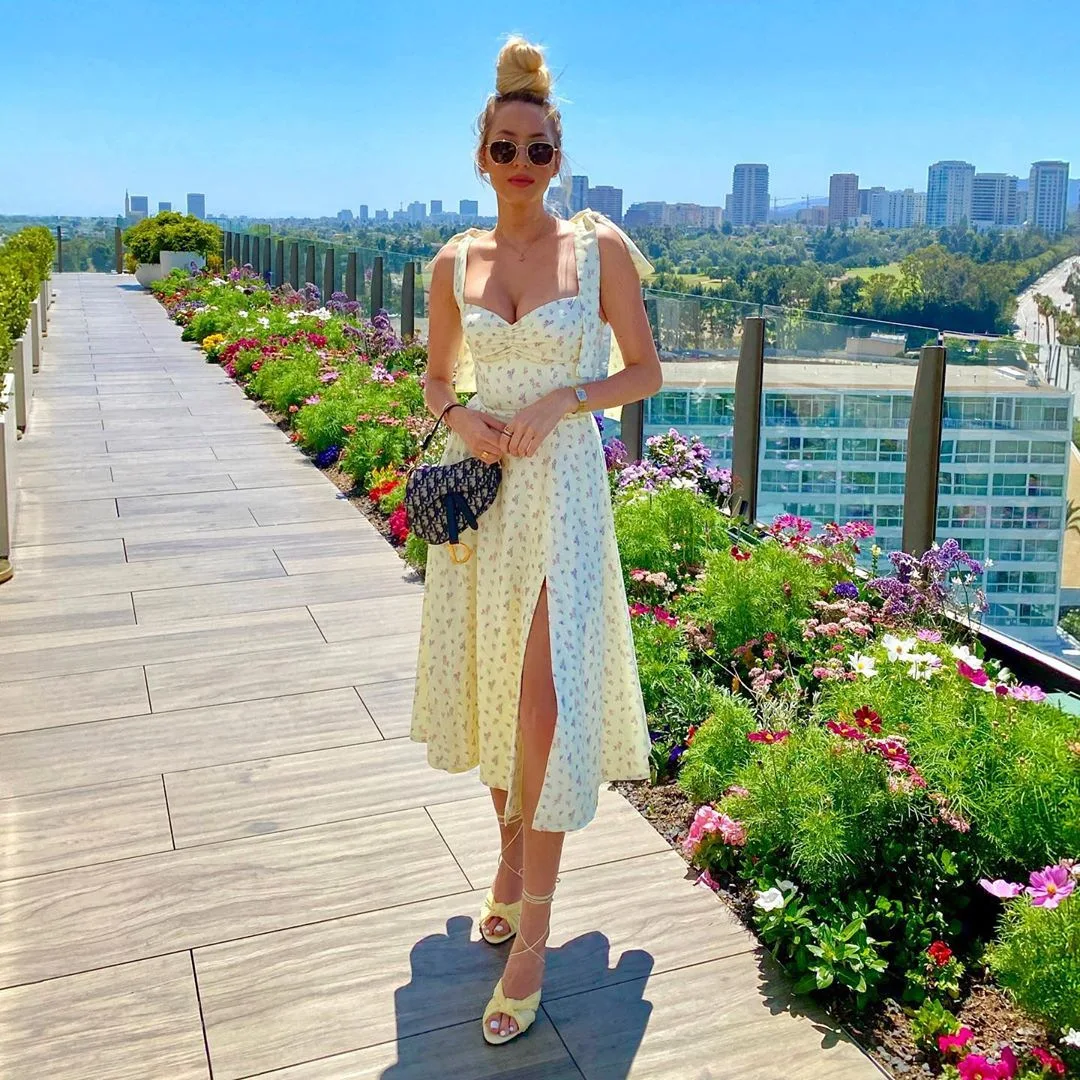 

Mandylandy Floral Print Dress Summer Sexy Slim Dress Women's Fashion Lace-up Backless Square Collar Spaghetti Strap Slit Dress