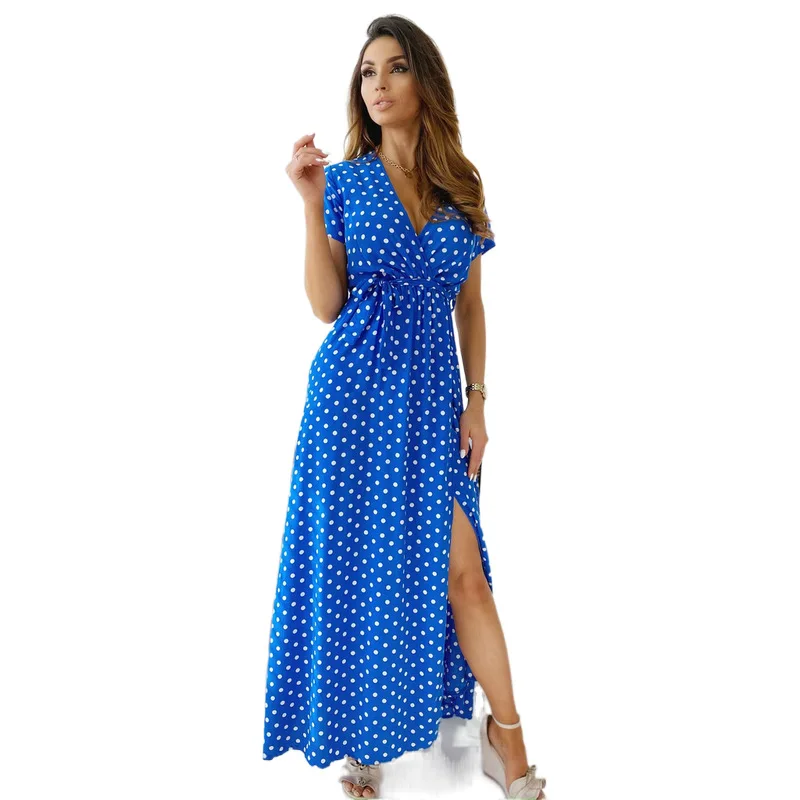

Short Sleeve Beach Boho Dress Women Sexy V Neck Party Dress Printed 2021 Fashion Summer Casual Dot Print Long Dress