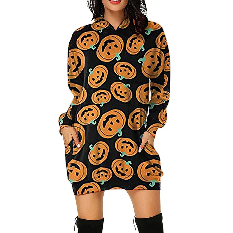 

New 2021 Pumpkin Halloween Women Lantern Ghost Print Long Sleeve High Waist Dress Long Sleeve Mid-length Princess Pockets Dress