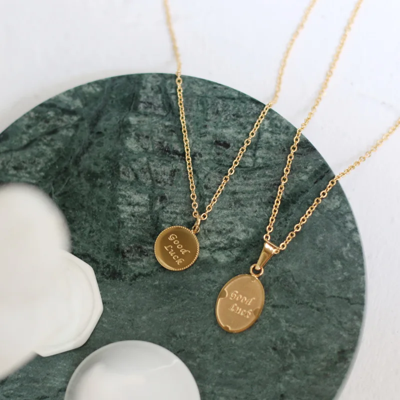 Amaiyllis Good Luck Small Gold Coin Oval Clavicle Chain Necklace Pendants For Women's Steel Plated | Украшения и аксессуары