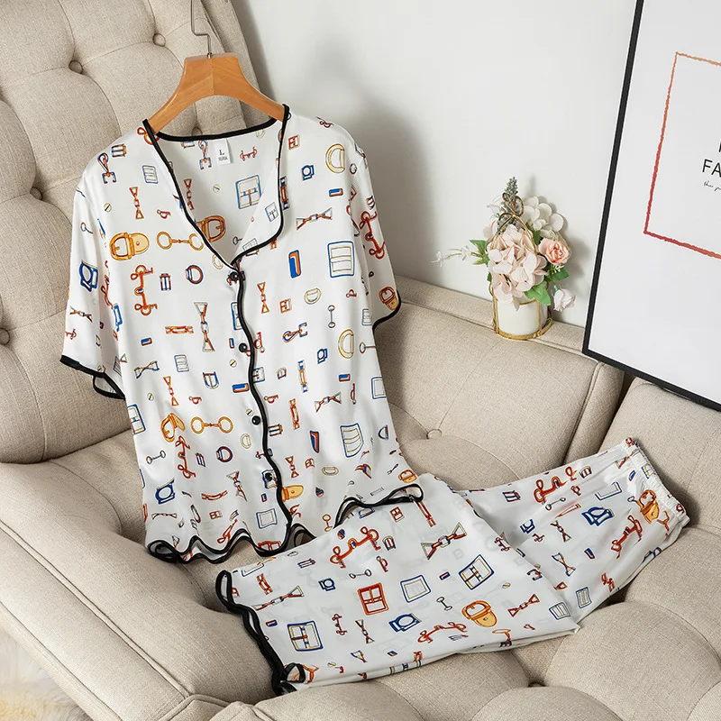 

Spring Summer Sleepwear Women Pajamas Set Soft Silk Satin Pyjama Pour Femme Loungewear Loose Print Short Sleeve Lady Home Wear