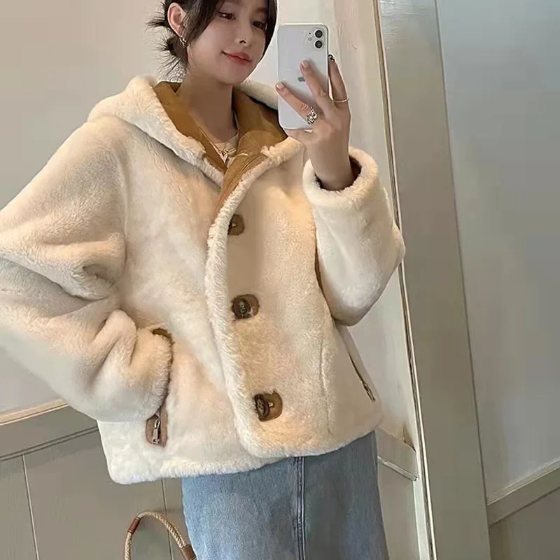 

Natural Real Sheep Fur Coat Winter Women Short Length Imported Spanish Leather Jacket Hooded Thick Warm Both Sides To Wear