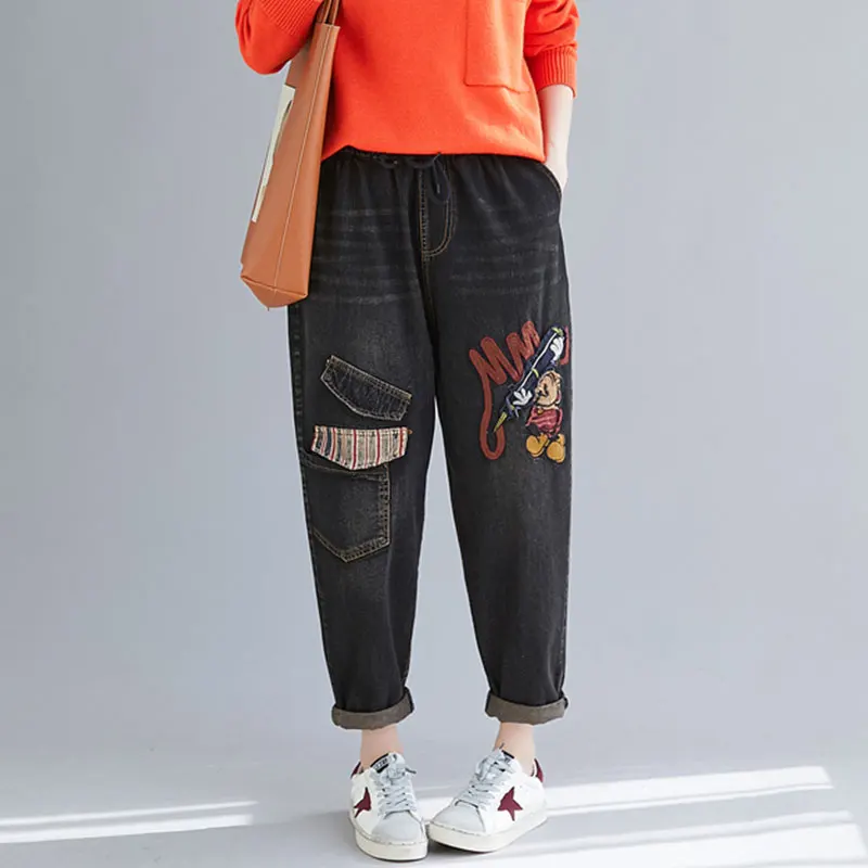 

Autumn Winter New Arts Style Women Elastic Waist Loose Cartoon Embroidery Jeans Vintage Cotton Denim Harem Pants Plus Size S19