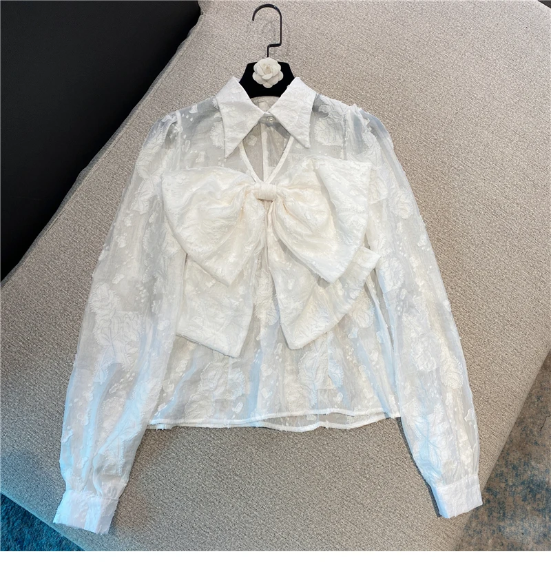 

2021 Spring New Ladies Sweet Shirt Korean Style Big Bow Embroidery Pearl Button Fairy Girls Blouse Tops