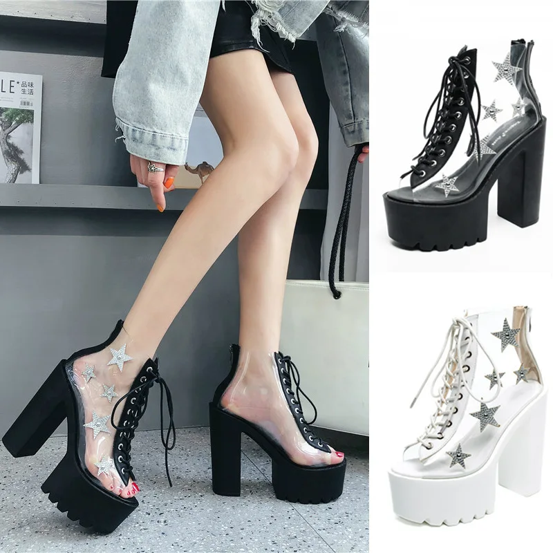 

Женские прозрачные босоножки, с открытым носком, на платформе, на высоком каблуке, со звездами, повседневная обувь, ПВХ ботильоны