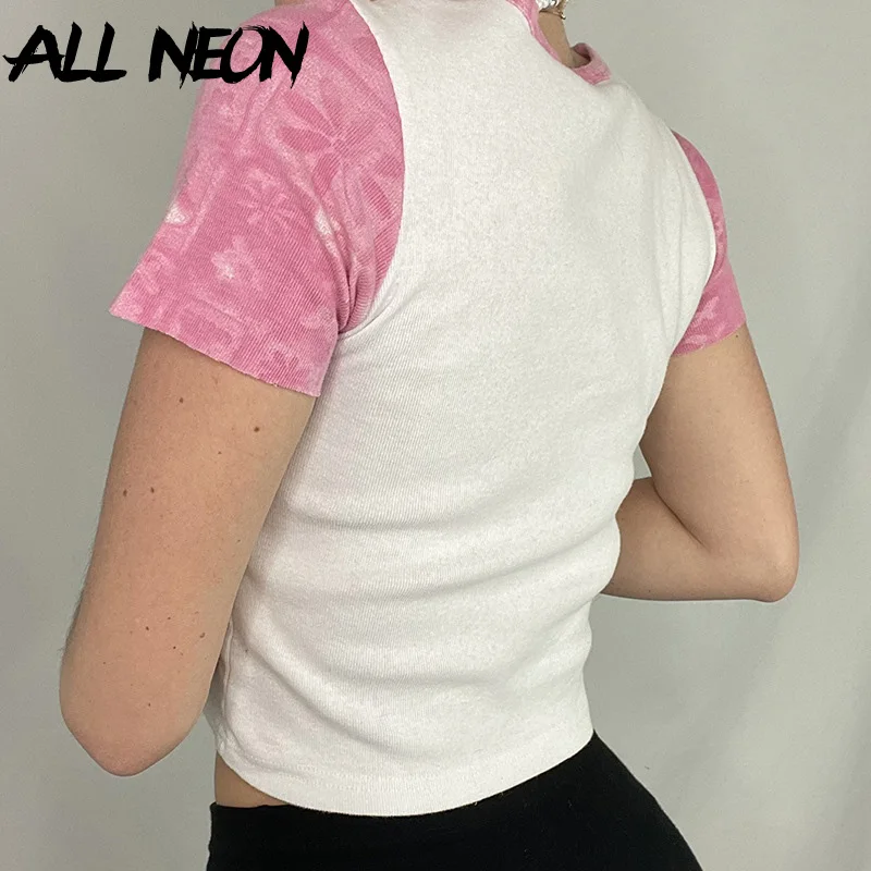 

ALLNeon Cute Aesthetics Patchwork Butterfly Print Crop Tops Y2K Fashion O-neck Tie Dye Short Sleeve Baby Tees E-girl T-shirts