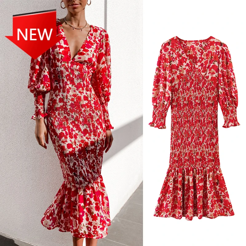 

Женское винтажное платье с запахом, голубое длинное платье средней длины с длинным рукавом-фонариком, приталенное платье с цветочным принт...