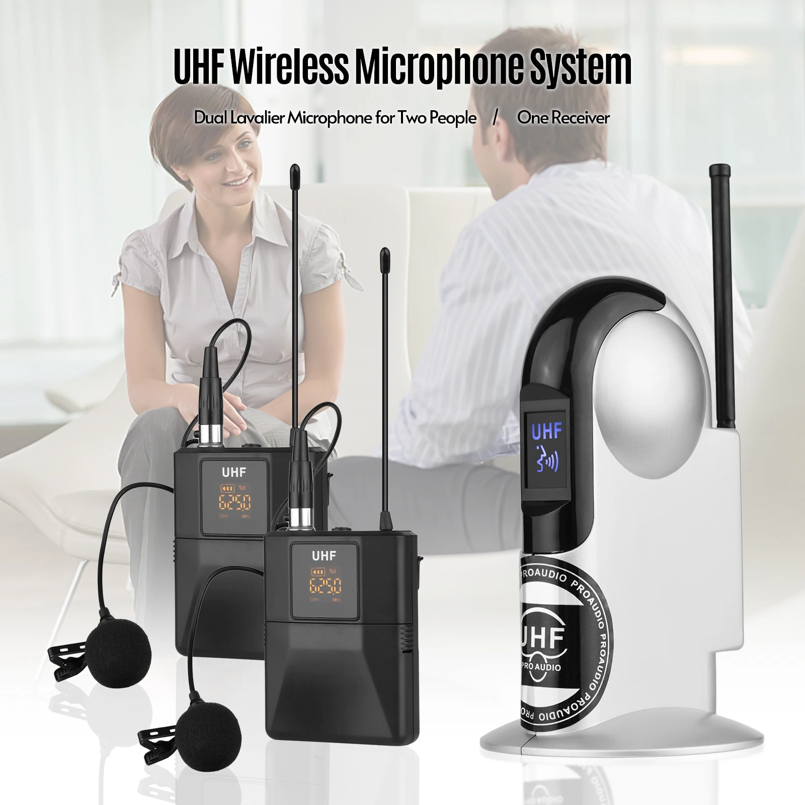 

UHF Wireless Microphone System with Dual Body-pack Transmitter with 6.35mm Audio Cable with Lavalier Mic Receiver LCD Screen