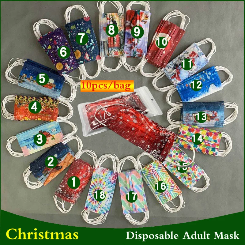 

10pcs/bag Disposable Face Mask Filter Mask Fashion Printing Three-layer Meltblown Non-woven Breathable Adult Mask Christmas