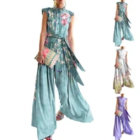 hot sales office lady jumpsuit floral print stand collar women wide leg belted patchwork romper for party