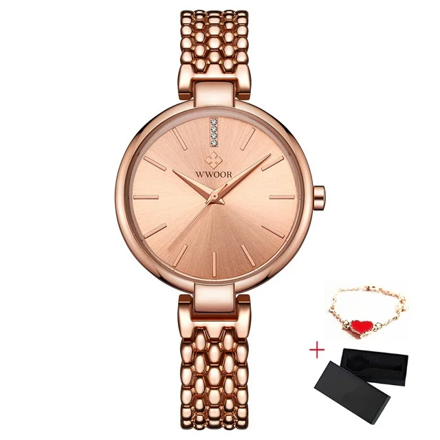 Rose Gold With Box WWOOR, женские наручные часы для женщин, маленькие женские часы-браслет, водонепроницаемые кварцевые часы, розовое золото, женские наручные часы, reloj mujer - Цвет: Rose Gold With Box