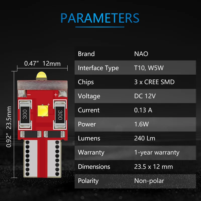 NAO T10 W5W светодиодный 1,6 Вт 194 3SMD CREE XBD чипы интерьер автомобиля светильник 6000 К ксенон белый высокий Мощность 12V 168 DRL Парковка Резервное копирование лампа