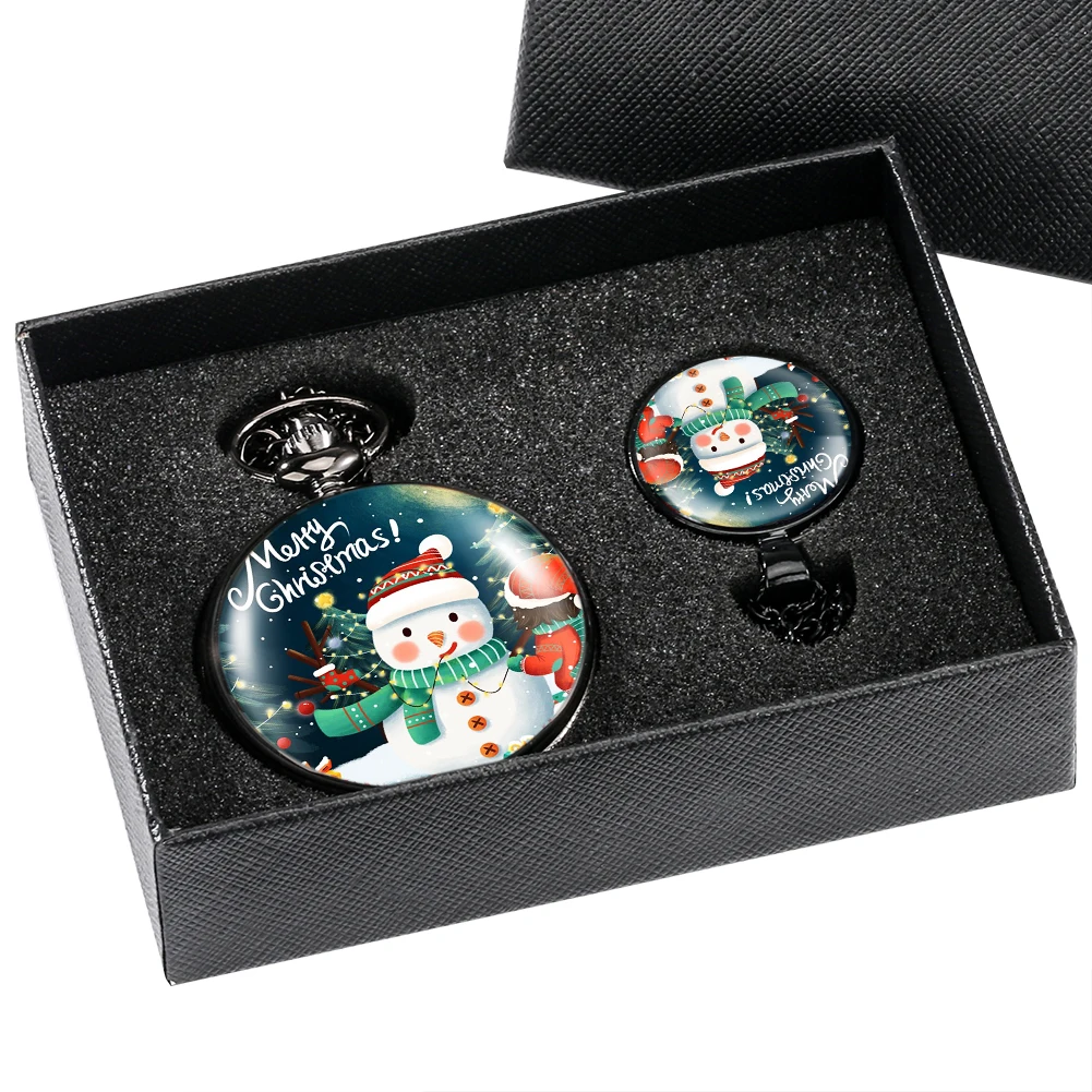 Pocket Watch Set Christmas Theme Quartz Black Pocket Clock Arabic Numerals Dial Pendant Alloy Necklace Gift Box for Son Daughter