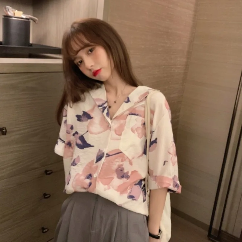 

Summer T Shirt Casual Women Button Down Loose Shirts, Short Sleeve Floral Print Lapel V Neck Pocket Tops