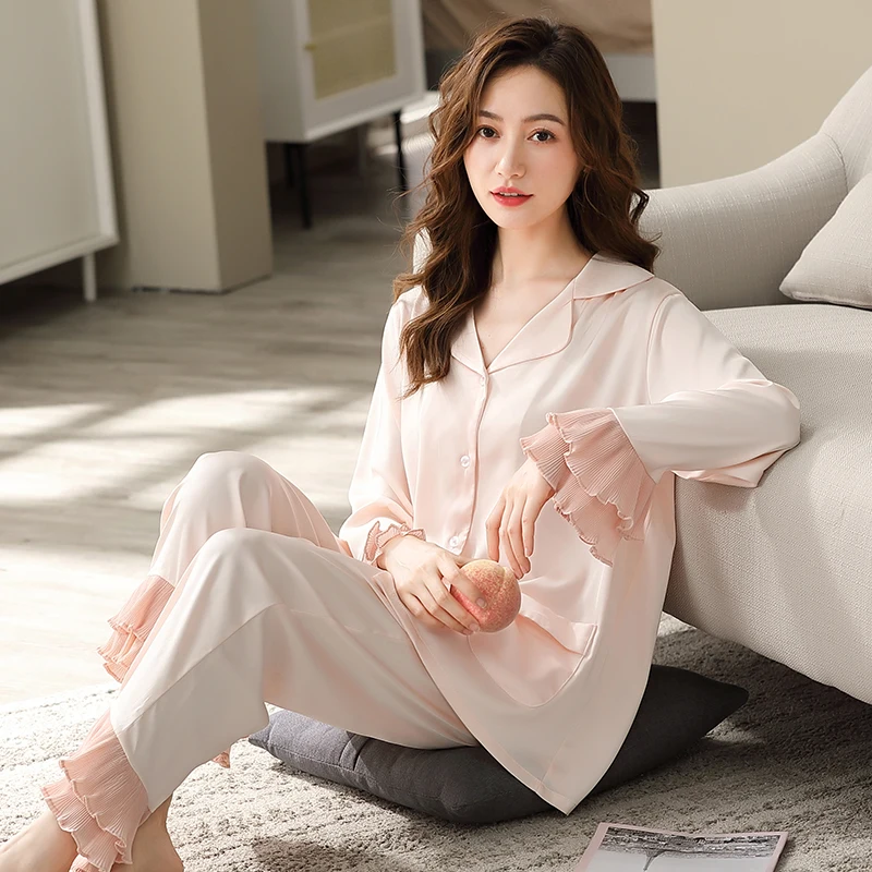 Summer 2021 Pyjamas Femme Satin Pajamas Women White Sleepwear Nightwear Nuisette Silky Pijama Satin PJ Lotus sleeves Homewear