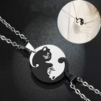 animal pendant black white cat stitching necklace simple friendship gift round shape cute couple jewelry necklace accessories