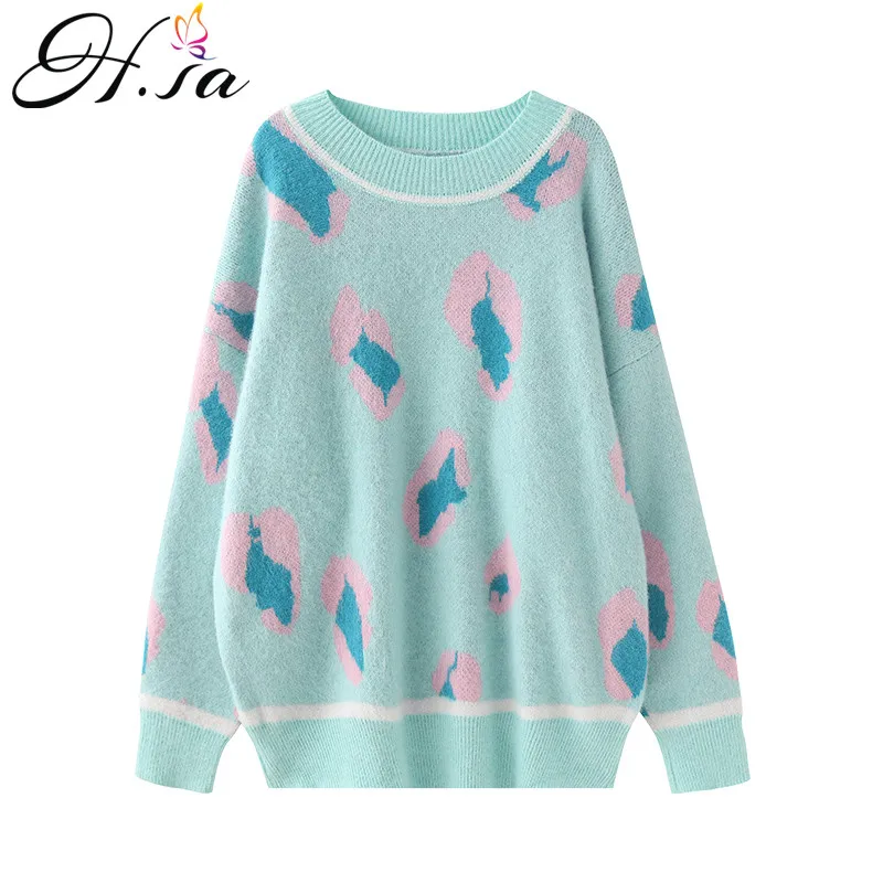 

2020 Leopard Sweater Pullovers for Women Pink Green Sweaters Korean Fashion Patchwork ugly christmas sweater Spring Tops