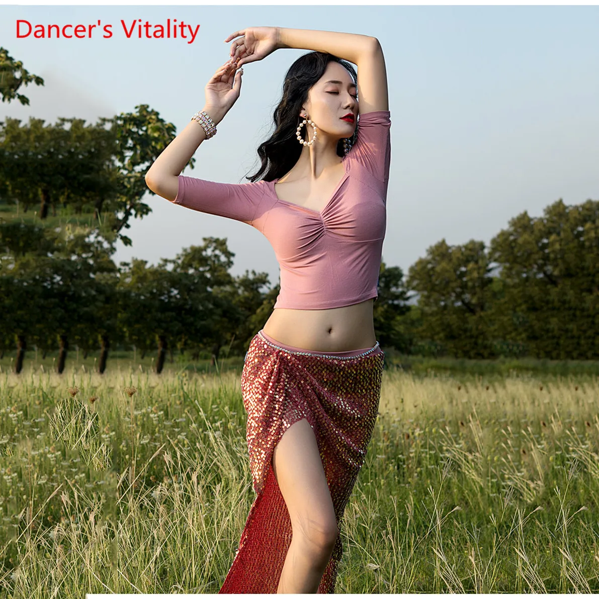 Новый костюм для танца живота тренировочная одежда Женский топ + юбка комплект из