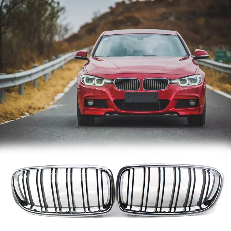 

AP68-Car Kidney Gloss Black Dual Slat Half Chrome Grille For-BMW 3 Series F30 2012 - 2018