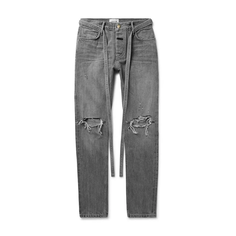 High Quality 4 Season  Dark Gray Color Ripped Side Zipper Ribbon Washed Jeans MEN Fashion