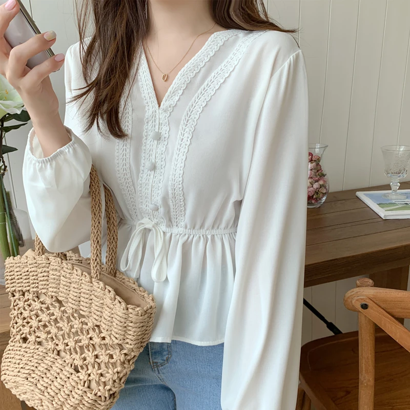 Белые блузки с лентами Женская повседневная одежда 2021 осенняя кружевная рубашка