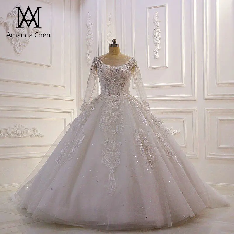 Robe de mariee 2020 свадебное платье с длинным рукавом и кружевной аппликацией|Свадебные