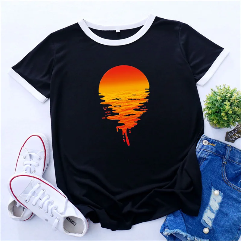 MK Assorted Color Casual Oversized Short Sleeve Women's T-Shirt Oversize Sunset Printed Tees Loose Tshirts Female Tops XXL | Женская