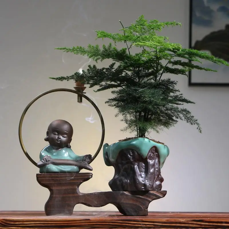

New Chinese Zen Backflow Incense Burner Smoke Waterfall Desktop Ornaments Office Home Green Plant Bonsai Micro Landscape Decor
